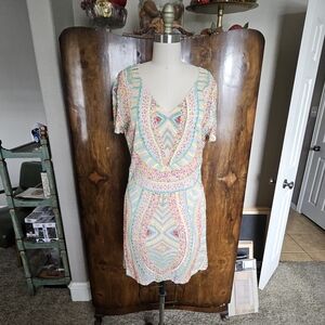 Antik Batik Pastel Batik Beaded Special Event Mini Dress